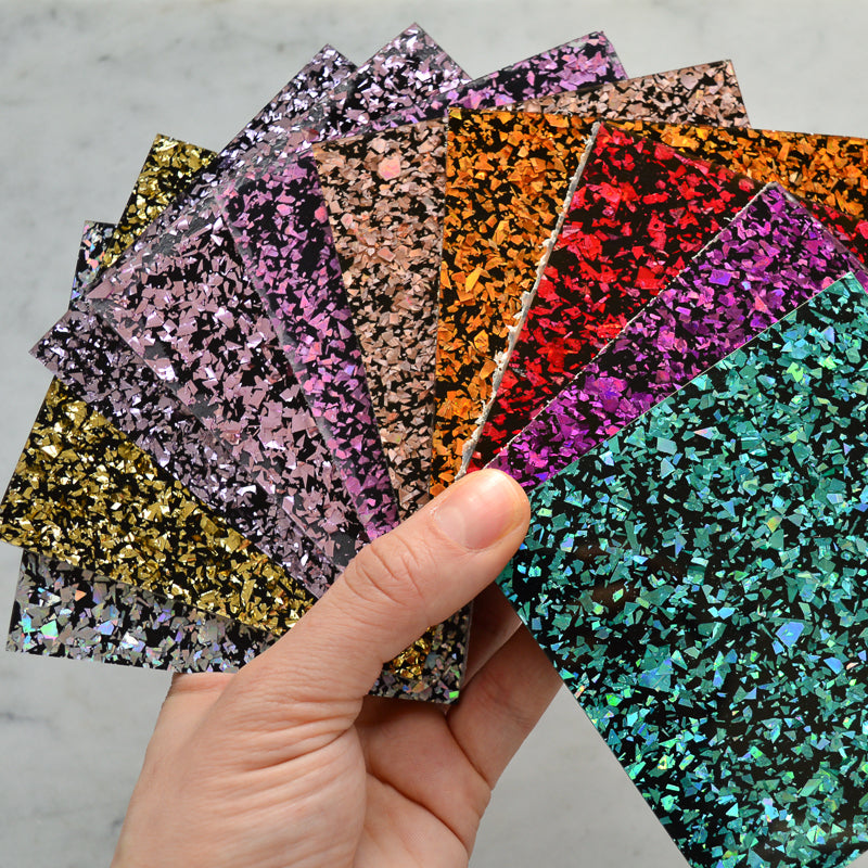 Conjunto de muestra de material: purpurina de fragmentos gruesos de discoteca negra (muestras x14)